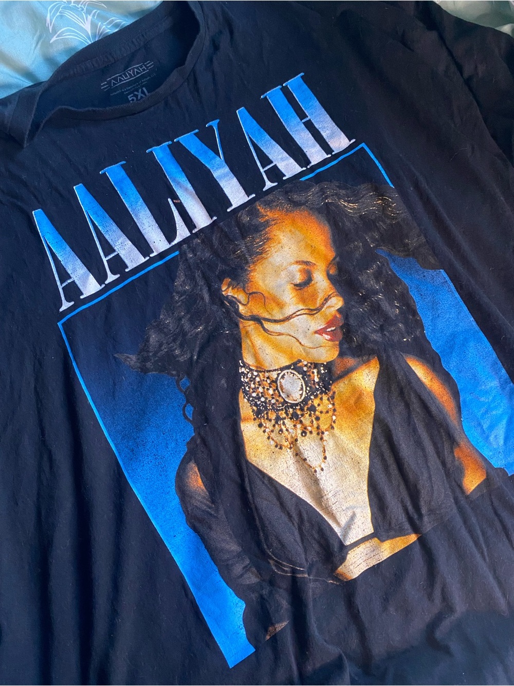 Merch Traffic Aaliyah Portrait Tee - Black with Blue and Gold Print
